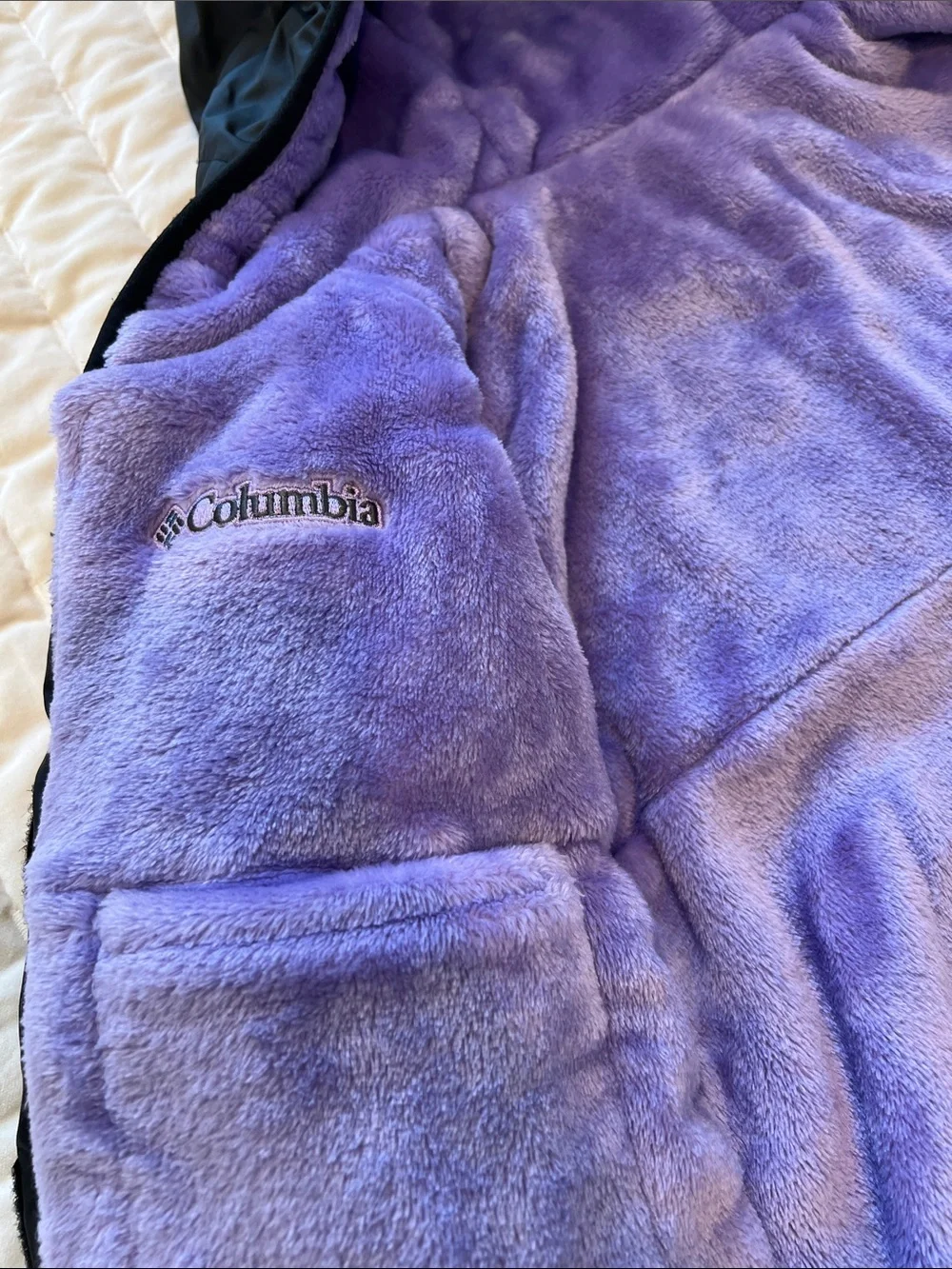🪻 Columbia Kids Black Puffer (S)  with Purple Fleece Hood REVERSIBLE Jacket 🪻